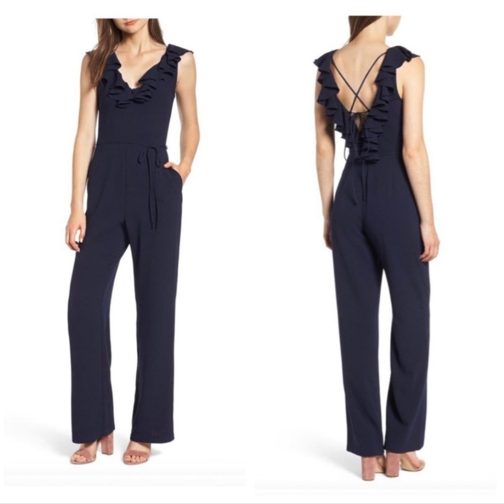WAYF navy blue ruffle-trim jumpsuit. Small